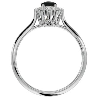 Black Onyx Ring: 2/3 Carat Oval Shape Black Onyx and Halo Diamond Ring In Sterling Silver