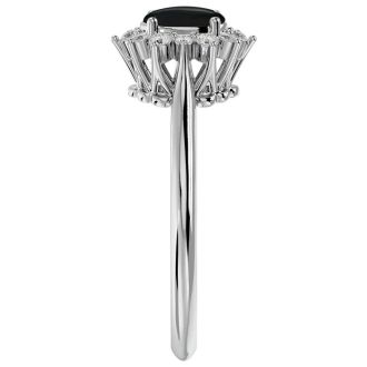 Black Onyx Ring: 2/3 Carat Oval Shape Black Onyx and Halo Diamond Ring In Sterling Silver