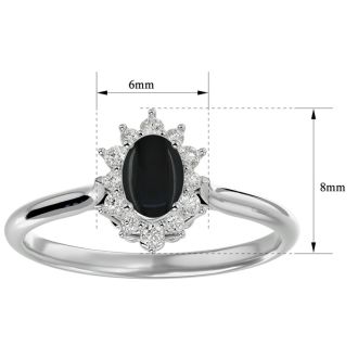 Black Onyx Ring: 2/3 Carat Oval Shape Black Onyx and Halo Diamond Ring In Sterling Silver