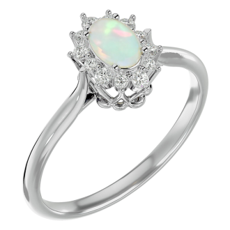 Opal Ring: 2/3 Carat Oval Shape Created Opal and Halo Diamond Ring In Sterling Silver