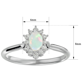 Opal Ring: 2/3 Carat Oval Shape Created Opal and Halo Diamond Ring In Sterling Silver