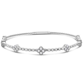 1/2 Carat Lab Grown Diamond Flower Flexible Bangle Bracelet In 14 Karat White Gold, 7 Inches