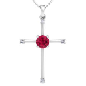 1/2 Carat Ruby and Diamond Cross Necklace In Sterling Silver, 18 Inches