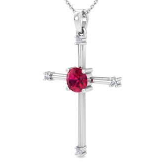 1/2 Carat Ruby and Diamond Cross Necklace In Sterling Silver, 18 Inches