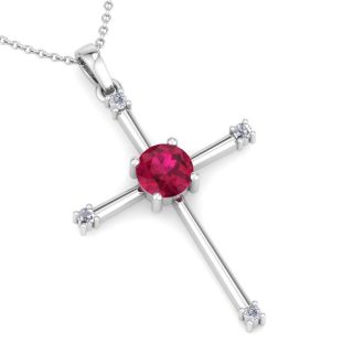 1/2 Carat Ruby and Diamond Cross Necklace In 14K White Gold, 18 Inches