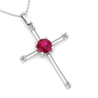 1/2 Carat Ruby and Diamond Cross Necklace In Sterling Silver, 18 Inches