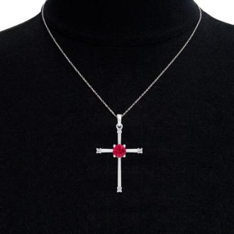 1/2 Carat Ruby and Diamond Cross Necklace In Sterling Silver, 18 Inches