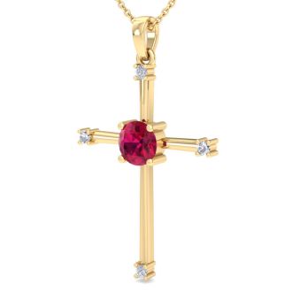 1/2 Carat Ruby and Diamond Cross Necklace In 14K Yellow Gold Over Sterling Silver, 18 Inches