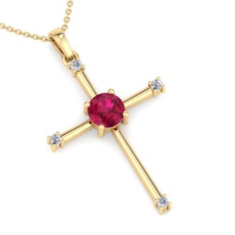 1/2 Carat Ruby and Diamond Cross Necklace In 14K Yellow Gold Over Sterling Silver, 18 Inches