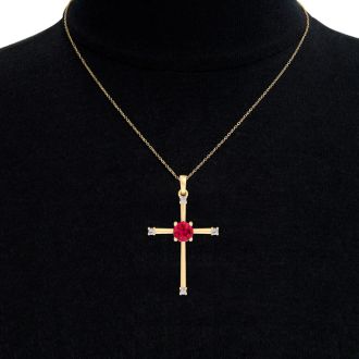 1/2 Carat Ruby and Diamond Cross Necklace In 14K Yellow Gold Over Sterling Silver, 18 Inches