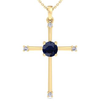 1/2 Carat Sapphire and Diamond Cross Necklace In 14K Yellow Gold Over Sterling Silver, 18 Inches