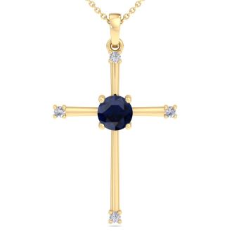 1/2 Carat Sapphire and Diamond Cross Necklace In 14K Yellow Gold, 18 Inches