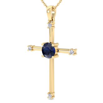 1/2 Carat Sapphire and Diamond Cross Necklace In 14K Yellow Gold Over Sterling Silver, 18 Inches