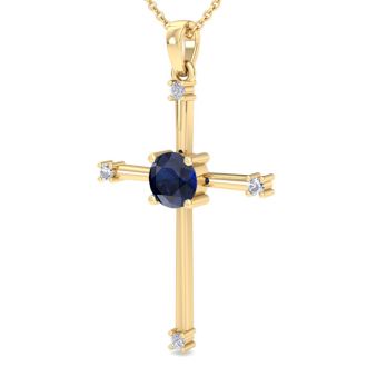 1/2 Carat Sapphire and Diamond Cross Necklace In 14K Yellow Gold, 18 Inches