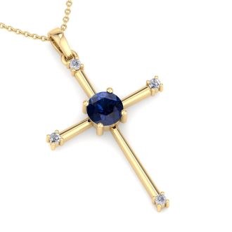 1/2 Carat Sapphire and Diamond Cross Necklace In 14K Yellow Gold, 18 Inches