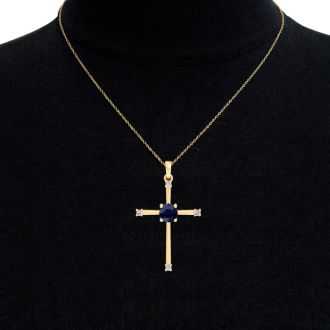 1/2 Carat Sapphire and Diamond Cross Necklace In 14K Yellow Gold Over Sterling Silver, 18 Inches