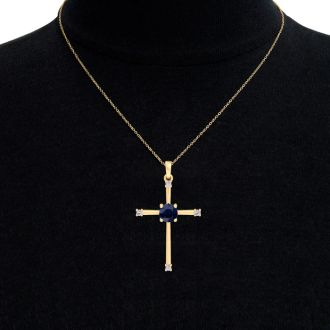 1/2 Carat Sapphire and Diamond Cross Necklace In 14K Yellow Gold, 18 Inches