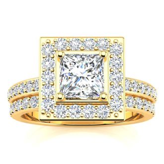 2 Carat Princess Cut Halo Lab Grown Diamond Bridal Set in 14k Yellow Gold