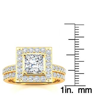 2 Carat Princess Cut Halo Lab Grown Diamond Bridal Set in 14k Yellow Gold