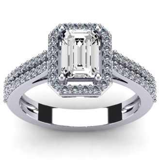 1 1/2 Carat Octagon Shape Moissanite and Halo Diamond Ring In Sterling Silver