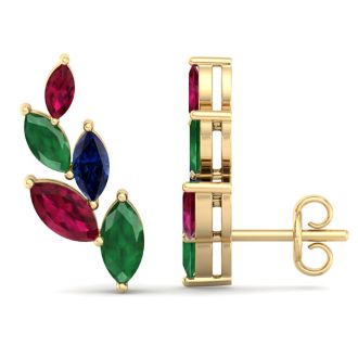 1 3/4 Carat Emerald, Ruby and Sapphire Earring Climbers In 14 Karat Yellow Gold