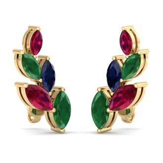 1 3/4 Carat Emerald, Ruby and Sapphire Earring Climbers In 14 Karat Yellow Gold