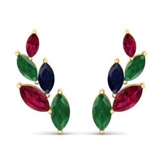 1 3/4 Carat Emerald, Ruby and Sapphire Earring Climbers In 14 Karat Yellow Gold