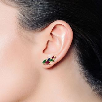 1 3/4 Carat Emerald, Ruby and Sapphire Earring Climbers In 14 Karat Yellow Gold