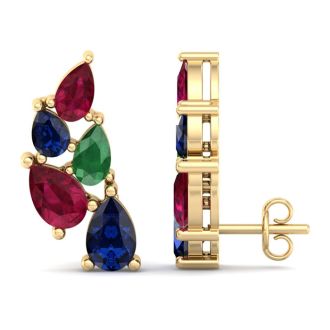 3 Carat Emerald, Ruby and Sapphire Earring Climbers In 14 Karat Yellow Gold