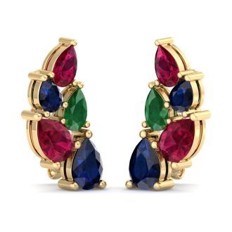 3 Carat Emerald, Ruby and Sapphire Earring Climbers In 14 Karat Yellow Gold