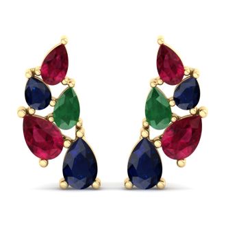 3 Carat Emerald, Ruby and Sapphire Earring Climbers In 14 Karat Yellow Gold