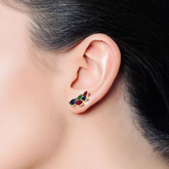 3 Carat Emerald, Ruby and Sapphire Earring Climbers In 14 Karat Yellow Gold