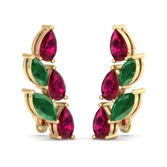2 1/4 Carat Emerald and Ruby Earring Climbers In 14 Karat Yellow Gold