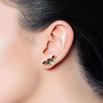 2 1/4 Carat Emerald and Ruby Earring Climbers In 14 Karat Yellow Gold