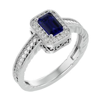 0.85 Carat Antique Style Sapphire and Diamond Ring in 10 Karat White Gold