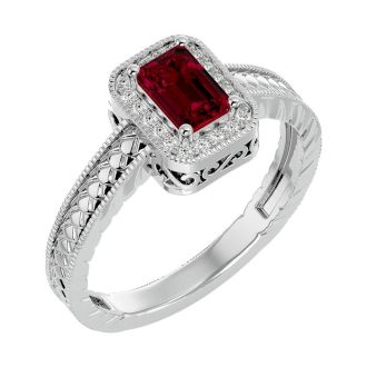 0.85 Carat Antique Style Ruby and Diamond Ring in 10 Karat White Gold