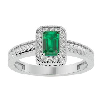0.85 Carat Antique Style Emerald and Diamond Ring in 10 Karat White Gold