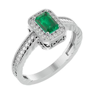 0.85 Carat Antique Style Emerald and Diamond Ring in 10 Karat White Gold