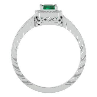 0.85 Carat Antique Style Emerald and Diamond Ring in 10 Karat White Gold