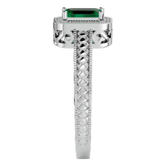 0.85 Carat Antique Style Emerald and Diamond Ring in 10 Karat White Gold
