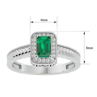 0.85 Carat Antique Style Emerald and Diamond Ring in 10 Karat White Gold