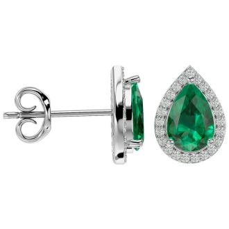3 Carat Pear Shape Emerald and Halo Diamond Earrings In Sterling Silver