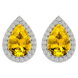 3 Carat Pear Shape Citrine and Halo Diamond Earrings In Sterling Silver