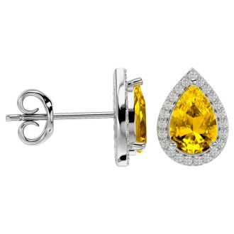 3 Carat Pear Shape Citrine and Halo Diamond Earrings In Sterling Silver