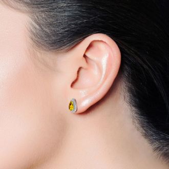 3 Carat Pear Shape Citrine and Halo Diamond Earrings In Sterling Silver