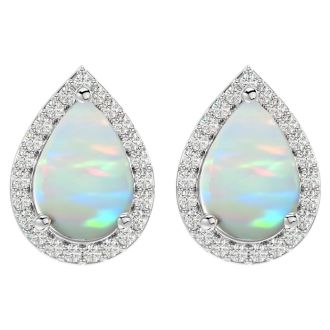 3 Carat Pear Shape Opal and Halo Diamond Earrings In Sterling Silver