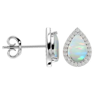 3 Carat Pear Shape Opal and Halo Diamond Earrings In Sterling Silver