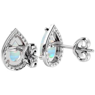 3 Carat Pear Shape Opal and Halo Diamond Earrings In Sterling Silver