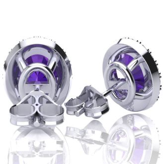2 1/4 Carat Oval Shape Amethyst and Halo Diamond Earrings In Sterling Silver