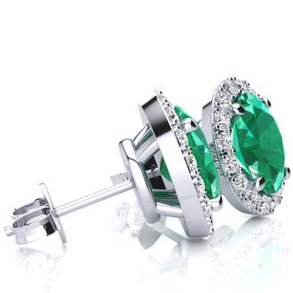 2 1/4 Carat Oval Shape Emerald and Halo Diamond Earrings In Sterling Silver